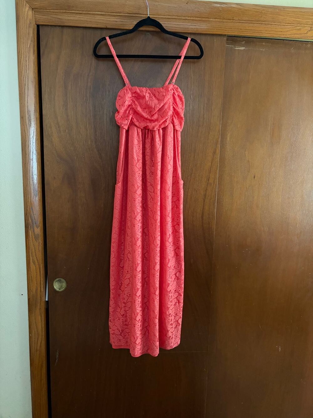 Soma Coral Lace Maxi Dress Small Sleeveless Ruched Bodice Adjustable Straps